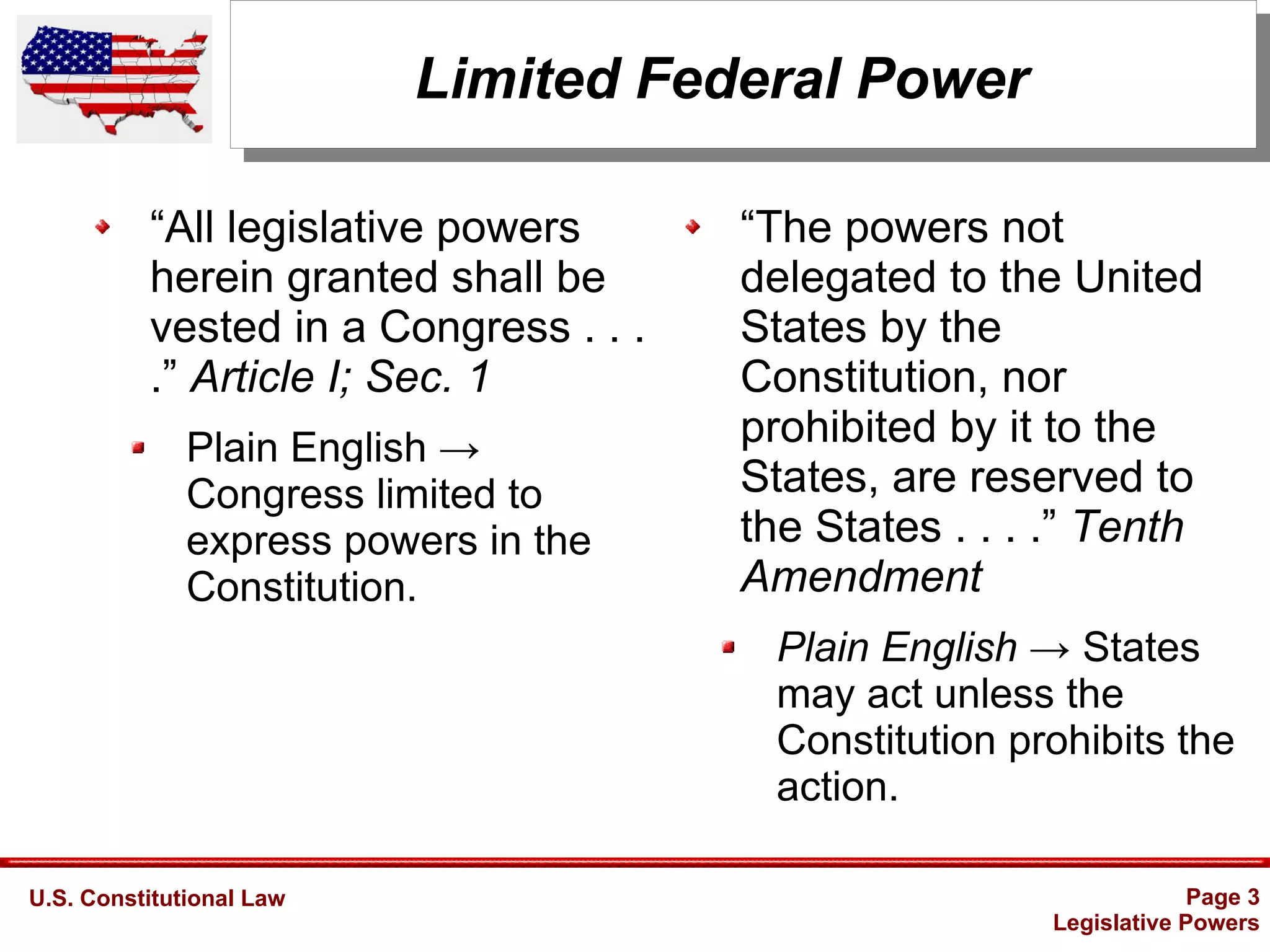 U.S. Constitutional Law Page 3
Legislative Powers
Limited Federal Power
“All legislative powers
herein granted shall be
vested in a Congress . . .
.” Article I; Sec. 1
Plain English →
Congress limited to
express powers in the
Constitution.
“The powers not
delegated to the United
States by the
Constitution, nor
prohibited by it to the
States, are reserved to
the States . . . .” Tenth
Amendment
Plain English → States
may act unless the
Constitution prohibits the
action.
 