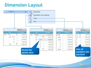 Dimension Layout




       Shows the      Sets all
       parent value   members into
                      one level
 
