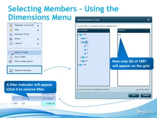 Selecting Members – Using the
 Dimensions Menu




                                  Now only Q2 of 1997
                                  will appear on the grid




A filter indicator will appear.
Click it to remove filter.
 