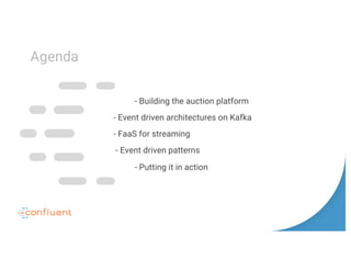 - Building the auction platform
- Event driven architectures on Kafka
- FaaS for streaming
- Event driven patterns
- Putting it in action
Agenda
 