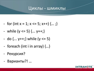 Циклы - шмиклыfor (int x = 1; x <= 5; x++) {… ;}