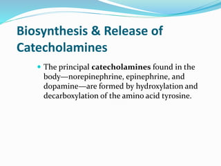 Biosynthesis & Release of
Catecholamines
 The principal catecholamines found in the
body—norepinephrine, epinephrine, and
dopamine—are formed by hydroxylation and
decarboxylation of the amino acid tyrosine.
 