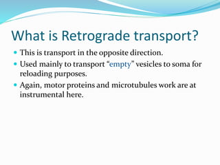 What is Retrograde transport?
 This is transport in the opposite direction.
 Used mainly to transport “empty” vesicles to soma for
reloading purposes.
 Again, motor proteins and microtubules work are at
instrumental here.
 