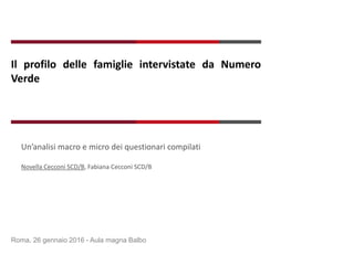 Il profilo delle famiglie intervistate da Numero
Verde
Roma, 26 gennaio 2016 - Aula magna Balbo
Un’analisi macro e micro dei questionari compilati
Novella Cecconi SCD/B, Fabiana Cecconi SCD/B
 