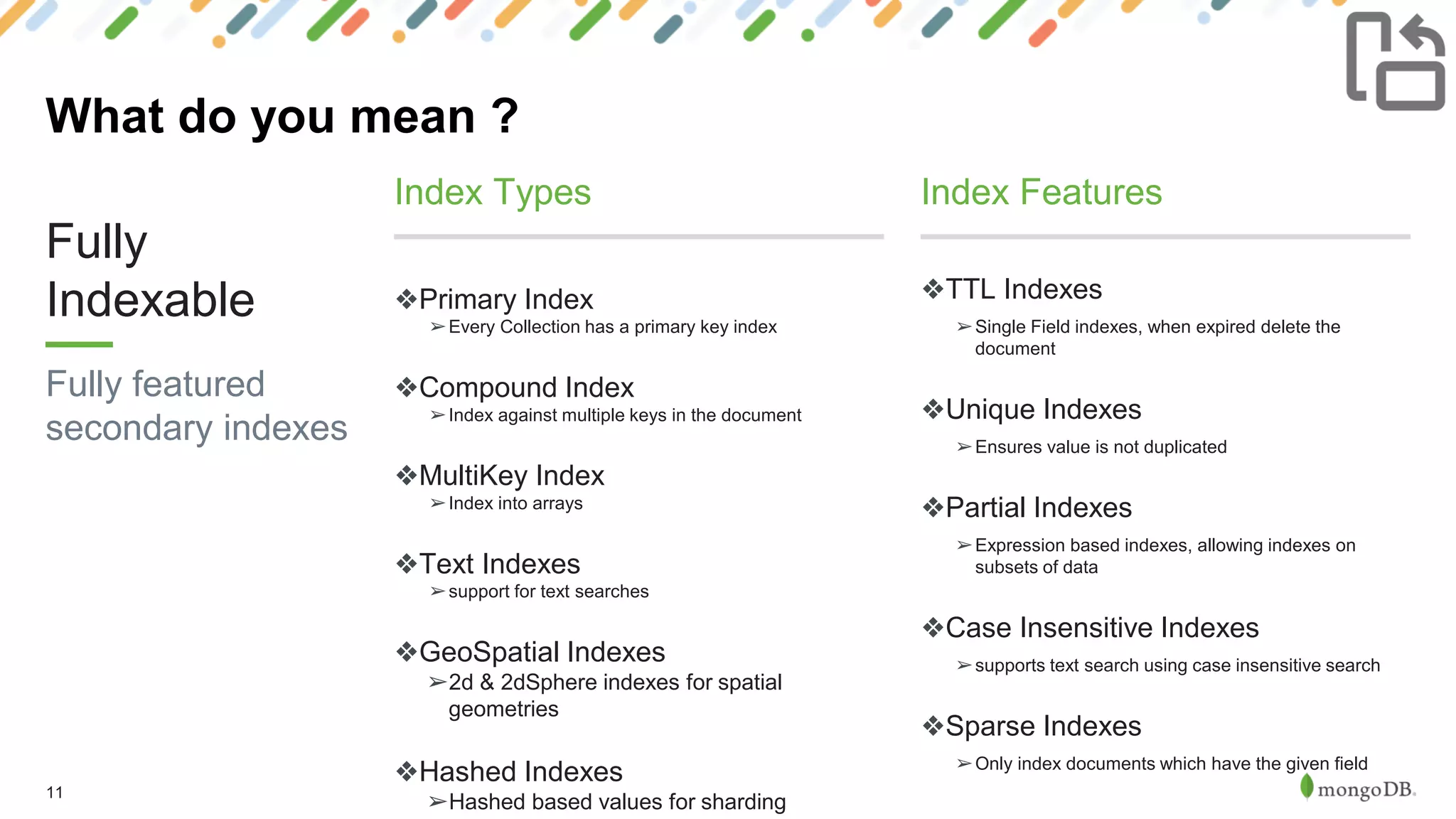 11
Fully
Indexable
Fully featured
secondary indexes
❖Primary Index
➢Every Collection has a primary key index
❖Compound Index
➢Index against multiple keys in the document
❖MultiKey Index
➢Index into arrays
❖Text Indexes
➢support for text searches
❖GeoSpatial Indexes
➢2d & 2dSphere indexes for spatial
geometries
❖Hashed Indexes
➢Hashed based values for sharding
Index Types
❖TTL Indexes
➢Single Field indexes, when expired delete the
document
❖Unique Indexes
➢Ensures value is not duplicated
❖Partial Indexes
➢Expression based indexes, allowing indexes on
subsets of data
❖Case Insensitive Indexes
➢supports text search using case insensitive search
❖Sparse Indexes
➢Only index documents which have the given field
Index Features
What do you mean ?
 