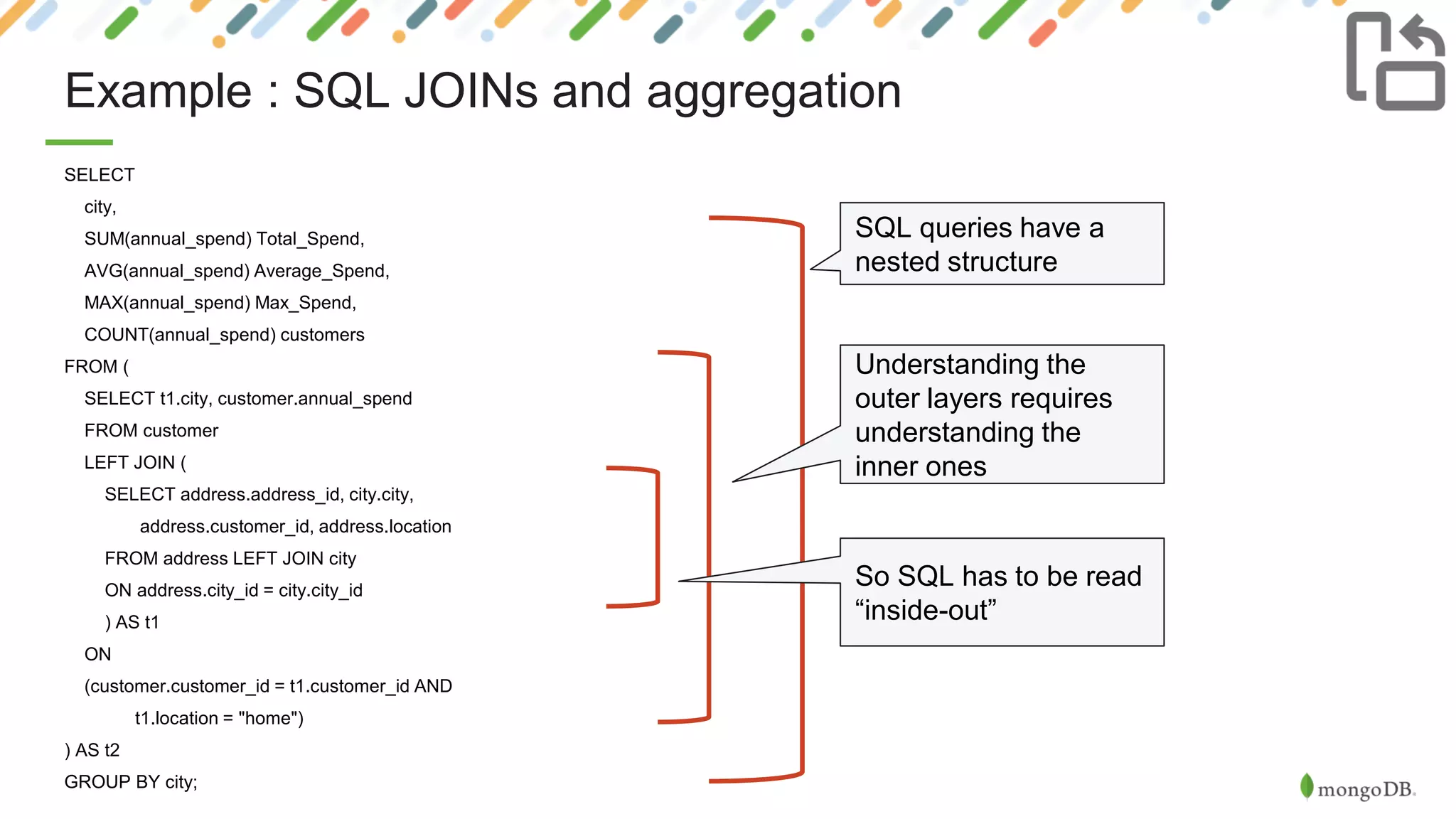 Example : SQL JOINs and aggregation
SELECT
city,
SUM(annual_spend) Total_Spend,
AVG(annual_spend) Average_Spend,
MAX(annual_spend) Max_Spend,
COUNT(annual_spend) customers
FROM (
SELECT t1.city, customer.annual_spend
FROM customer
LEFT JOIN (
SELECT address.address_id, city.city,
address.customer_id, address.location
FROM address LEFT JOIN city
ON address.city_id = city.city_id
) AS t1
ON
(customer.customer_id = t1.customer_id AND
t1.location = "home")
) AS t2
GROUP BY city;
SQL queries have a
nested structure
Understanding the
outer layers requires
understanding the
inner ones
So SQL has to be read
“inside-out”
 