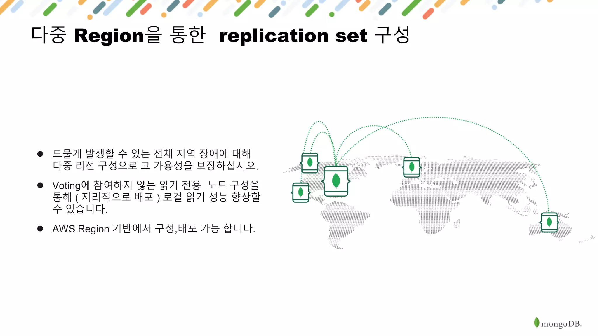 다중 Region을 통한 replication set 구성
● 드물게 발생할 수 있는 전체 지역 장애에 대해
다중 리전 구성으로 고 가용성을 보장하십시오.
● Voting에 참여하지 않는 읽기 전용 노드 구성을
통해 ( 지리적으로 배포 ) 로컬 읽기 성능 향상할
수 있습니다.
● AWS Region 기반에서 구성,배포 가능 합니다.
 