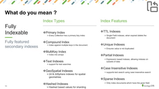 11
Fully
Indexable
Fully featured
secondary indexes
❖Primary Index
➢Every Collection has a primary key index
❖Compound Index
➢Index against multiple keys in the document
❖MultiKey Index
➢Index into arrays
❖Text Indexes
➢support for text searches
❖GeoSpatial Indexes
➢2d & 2dSphere indexes for spatial
geometries
❖Hashed Indexes
➢Hashed based values for sharding
Index Types
❖TTL Indexes
➢Single Field indexes, when expired delete the
document
❖Unique Indexes
➢Ensures value is not duplicated
❖Partial Indexes
➢Expression based indexes, allowing indexes on
subsets of data
❖Case Insensitive Indexes
➢supports text search using case insensitive search
❖Sparse Indexes
➢Only index documents which have the given field
Index Features
What do you mean ?
 