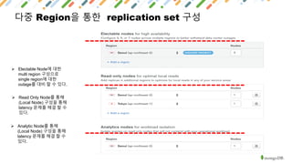 다중 Region을 통한 replication set 구성
➢ Electable Node에 대한
multi region 구성으로
single region에 대한
outage를 대비 할 수 있다.
➢ Read Only Node를 통해
(Local Node) 구성을 통해
latency 문제를 해결 할 수
있다.
➢ Analytic Node를 통해
(Local Node) 구성을 통해
latency 문제를 해결 할 수
있다.
 