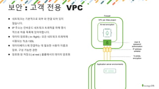 보안 : 고객 전용 VPC
● 네트워크는 기본적으로 외부 와 연결 되어 있지
않습니다.
● IP 주소는 인바운드 네트워크 트래픽을 위해 명시
적으로 허용 목록에 있어야합니다.
● 데이터 암호화 ( in- flight) - 모든 네트워크 트래픽에
사용되는 TLS / SSL
● 데이터베이스에 연결하는 데 필요한 사용자 이름과
암호. 구성 가능한 권한
● 암호화 된 저장소( at rest ) 볼륨에서의 데이터 암호화
VPC per Atlas project
Firewall
User &
password
authorization
At-rest encryption
IP address
whitelist
Application server
environments
Application server environments
TLS/SSL
encryption
 