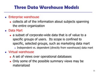 11
Three Data Warehouse Models
◼ Enterprise warehouse
◼ collects all of the information about subjects spanning
the entire organization
◼ Data Mart
◼ a subset of corporate-wide data that is of value to a
specific groups of users. Its scope is confined to
specific, selected groups, such as marketing data mart
◼ Independent vs. dependent (directly from warehouse) data mart
◼ Virtual warehouse
◼ A set of views over operational databases
◼ Only some of the possible summary views may be
materialized
 