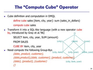 39
The “Compute Cube” Operator
◼ Cube definition and computation in DMQL
define cube sales [item, city, year]: sum (sales_in_dollars)
compute cube sales
◼ Transform it into a SQL-like language (with a new operator cube
by, introduced by Gray et al.’96)
SELECT item, city, year, SUM (amount)
FROM SALES
CUBE BY item, city, year
◼ Need compute the following Group-Bys
(date, product, customer),
(date,product),(date, customer), (product, customer),
(date), (product), (customer)
()
(item)(city)
()
(year)
(city, item) (city, year) (item, year)
(city, item, year)
 
