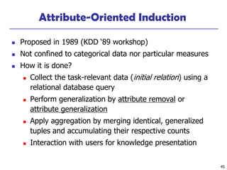 45
Attribute-Oriented Induction
◼ Proposed in 1989 (KDD ‘89 workshop)
◼ Not confined to categorical data nor particular measures
◼ How it is done?
◼ Collect the task-relevant data (initial relation) using a
relational database query
◼ Perform generalization by attribute removal or
attribute generalization
◼ Apply aggregation by merging identical, generalized
tuples and accumulating their respective counts
◼ Interaction with users for knowledge presentation
 