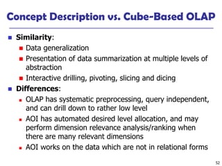 52
Concept Description vs. Cube-Based OLAP
◼ Similarity:
◼ Data generalization
◼ Presentation of data summarization at multiple levels of
abstraction
◼ Interactive drilling, pivoting, slicing and dicing
◼ Differences:
◼ OLAP has systematic preprocessing, query independent,
and can drill down to rather low level
◼ AOI has automated desired level allocation, and may
perform dimension relevance analysis/ranking when
there are many relevant dimensions
◼ AOI works on the data which are not in relational forms
 