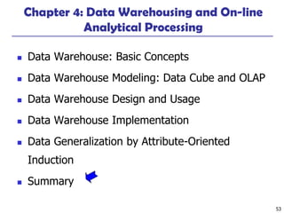53
Chapter 4: Data Warehousing and On-line
Analytical Processing
◼ Data Warehouse: Basic Concepts
◼ Data Warehouse Modeling: Data Cube and OLAP
◼ Data Warehouse Design and Usage
◼ Data Warehouse Implementation
◼ Data Generalization by Attribute-Oriented
Induction
◼ Summary
 