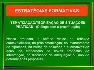 ESTRATÉGIAS FORMATIVAS TEMATIZAÇÃO/TEORIZAÇÃO DE SITUAÇÕES PRÁTICAS -  (Diálogo com a própria ação) Nessa proposta, a ênfase reside na reflexão contextualizada, na problematização, no levantamento de hipóteses, na busca de soluções e alternativas de ação, na elaboração de novas propostas de intervenção, na discussão da adequação ou não de determinadas propostas.  