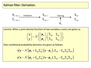 Kalman filter: Derivation.
1| 1
1| 1
ˆk k
k k
 
 
x | 1
| 1
ˆk k
k k


x |
|
ˆk k
k k
xPrediction Filtering
kz
, ,
     
        
 
 
   y y
x x xy
yx
x
y
μ
y μ
x
  1 1
, 
      y yxx yy xx yyxy xyμ μx y y
  1 1
, 
     x yy xyy xx xxyx yxμ μy x x
Lemma: When a joint density function of two variables x and y are given as
then conditional probability densities are given as follows:
 