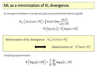 ML as a minimization of KL divergence.
     
 
 
   
KL ; | log
|
=E log E log |
p x
D p x q x dx p x
q x
p x q x



  
      

Minimization of KL divergence
Maximization of
   KL ; |D p x q x   
 E log |q x   
   
1
1
E log | log |
N
i
iq x q x
N
 

   
KL divergence between true density p(x) and parametrized density q(x|θ):
Sampling approximation:
 