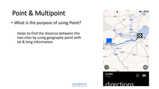 Point & Multipoint
• What is the purpose of using Point?
Helps to find the distance between the
two cites by using geography point with
lat & long information
www.dageop.com
Optimizing Queries
 