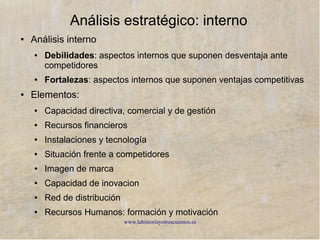 www.lahistoriayotroscuentos.es
Matriz DAFO
Análisis interno
Fortalezas Debilidades
✔
¿Qué ventajas tiene la empresa?
✔
¿Qué hace la empresa mejor que las demás?
✔
¿Qué recursos distinguen a la empresa?
✔
¿Qué percibe el mercado como fortalezas de la
empresa?
✔
¿Qué elementos diferenciales la acreditan?
✗
¿Qué se puede mejorar?
✗
¿Qué se debería evitar?
✗
¿Qué percibe el mercado como debilidades
de la empresa?
✗
¿Existen dificultades financieras?
✗
¿Existen resistencias al cambio en la
organización?
✗
¿Hay problema de motivación entre el
personal?
Análisis externo
Oportunidades Amenazas
✔
¿Qué tendencias del mercado nos favorecen?
✔
¿Existen una buena coyuntura económica?
✔
¿Qué cambios tecnológicos van en la dirección
de nuestra empresa?
✔
Los cambios legales, ¿nos han favorecido?
✔
¿Participamos y nos anticipamos a la moda y los
estilos de vida?
✔
¿Muestran debilidad nuestros competidores?
¿A qué obstáculos nos enfrentamos?
¿Qué hacen nuestros competidores?
¿Cómo se comportan nuestro proveedores?
¿Tenemos problemas de financiación?
¿Existen productos sustitutivos?
¿Qué factores reducen las ventas?
 