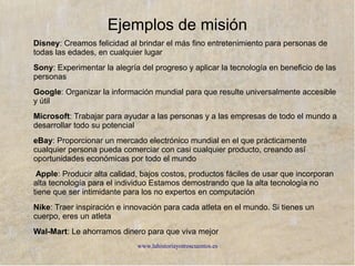 www.lahistoriayotroscuentos.es
http://3.bp.blogspot.com/_rdD_B_WYq84/TCFMEPVrw9I/AAAAAAAAAC4/WjCyZvRmidI
/exito.jpg
Objetivo
● Objetivo: ¿dónde queremos llegar?
● Visión: imagen del futuro de la empresa
● Misión: propósito de la empresa ¿por y para qué existe?.
Valores y convicciones
● Objetivos y metas: concretar operativamente la misión
 