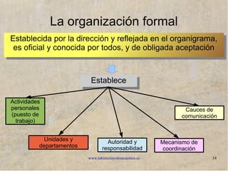 www.lahistoriayotroscuentos.es 34
La función de organización
Organización: definir las tareas que se deben desarrollar, dividir y
distribuir el trabajo. Determinar las relaciones entre los miembros de
la empresa y sus relaciones (coordinación, comunicación y jerarquía),
y las responsabilidades de cada uno.
Organización: definir las tareas que se deben desarrollar, dividir y
distribuir el trabajo. Determinar las relaciones entre los miembros de
la empresa y sus relaciones (coordinación, comunicación y jerarquía),
y las responsabilidades de cada uno.
Cumplir con los objetivos previstos de manera eficazCumplir con los objetivos previstos de manera eficaz
Identificar y clasificar
las actividades y
tareas
Identificar y clasificar
las actividades y
tareas
Proceso de división
del trabajo:
actividades precisas y
necesarias
Proceso de división
del trabajo:
actividades precisas y
necesarias
Diseño de la estructura de la
organización:
¿Quién realiza cada tarea y
cuáles sus responsabilidades?
¿Quiénes son los directivos
responsables de cada grupo?
¿Cuáles son las relaciones de
coordinación y comunicación?
Diseño de la estructura de la
organización:
¿Quién realiza cada tarea y
cuáles sus responsabilidades?
¿Quiénes son los directivos
responsables de cada grupo?
¿Cuáles son las relaciones de
coordinación y comunicación?
 