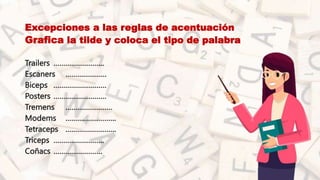 • Excepciones a las reglas de acentuación
• Grafica la tilde y coloca el tipo de palabra
• Trailers ……………………..
• Escaners …………………
• Biceps ………………………
• Posters ………………………
• Tremens ……………………
• Modems ……………………..
• Tetraceps ……………………..
• Triceps ……………………..
• Coñacs …………………….
 