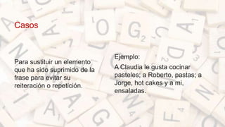 Casos
Para sustituir un elemento
que ha sido suprimido de la
frase para evitar su
reiteración o repetición.
• Ejemplo:
• A Claudia le gusta cocinar
pasteles; a Roberto, pastas; a
Jorge, hot cakes y a mi,
ensaladas.
 