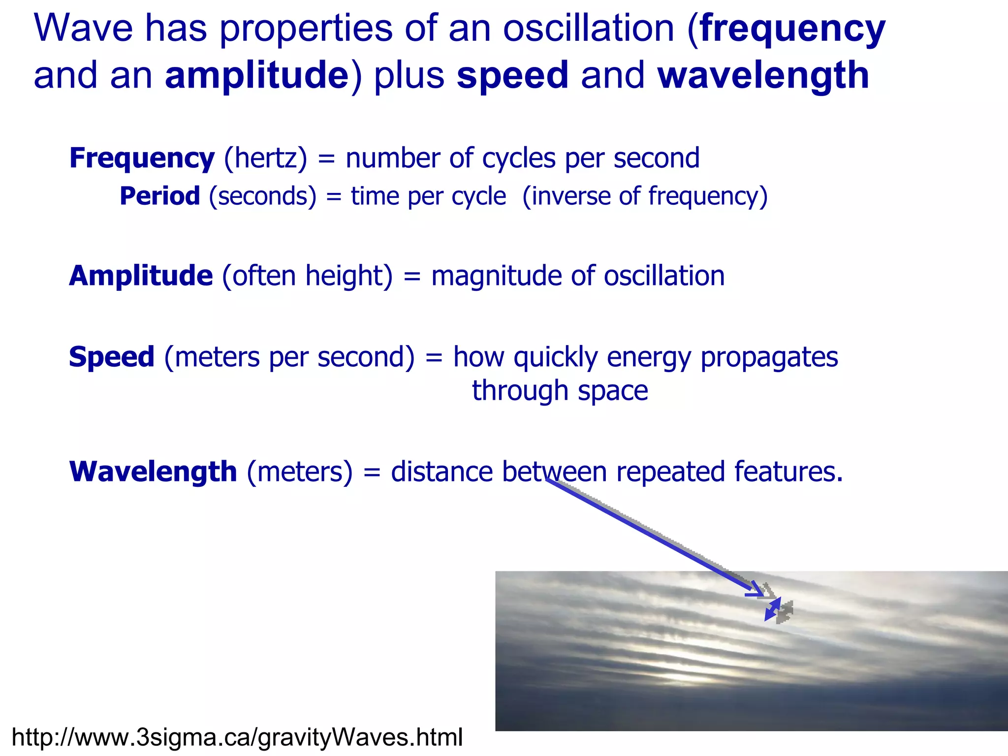 Wave has properties of an oscillation ( frequency  and an  amplitude ) plus  speed  and  wavelength Frequency  (hertz) = number of cycles per second Period  (seconds) = time per cycle  (inverse of frequency) Amplitude  (often height) = magnitude of oscillation Speed  (meters per second) = how quickly energy propagates  through space Wavelength  (meters) = distance between repeated features. http://www.3sigma.ca/gravityWaves.html 
