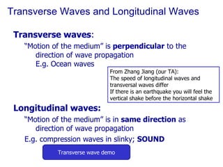 Transverse Waves and Longitudinal Waves Transverse waves : “ Motion of the medium” is  perpendicular  to the direction of wave propagation E.g. Ocean waves Longitudinal waves: “ Motion of the medium” is in  same direction  as direction of wave propagation E.g. compression waves in slinky;  SOUND Transverse wave demo From Zhang Jiang (our TA): The speed of longitudinal waves and transversal waves differ If there is an earthquake you will feel the vertical shake before the horizontal shake 