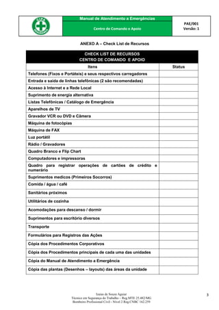 Manual de Atendimento a Emergências
PAE/001
Versão: 1Centro de Comando e Apoio
Izaias de Souza Aguiar
Técnico em Segurança do Trabalho – Reg.MTE 25.482/MG
Bombeiro Profissional Civil - Nível 2 Reg.CNBC 162.259
3
ANEXO A – Check List de Recursos
CHECK LIST DE RECURSOS
CENTRO DE COMANDO E APOIO
Itens Status
Telefones (Fixos e Portáteis) e seus respectivos carregadores
Entrada e saída de linhas telefônicas (2 são recomendadas)
Acesso à Internet e a Rede Local
Suprimento de energia alternativa
Listas Telefônicas / Catálogo de Emergência
Aparelhos de TV
Gravador VCR ou DVD e Câmera
Máquina de fotocópias
Máquina de FAX
Luz portátil
Rádio / Gravadores
Quadro Branco e Flip Chart
Computadores e impressoras
Quadro para registrar operações de cartões de crédito e
numerário
Suprimentos medicos (Primeiros Socorros)
Comida / água / café
Sanitários próximos
Utilitários de cozinha
Acomodações para descanso / dormir
Suprimentos para escritório diversos
Transporte
Formulários para Registros das Ações
Cópia dos Procedimentos Corporativos
Cópia dos Procedimentos principais de cada uma das unidades
Cópia do Manual de Atendimento a Emergência
Cópia das plantas (Desenhos – layouts) das áreas da unidade
 