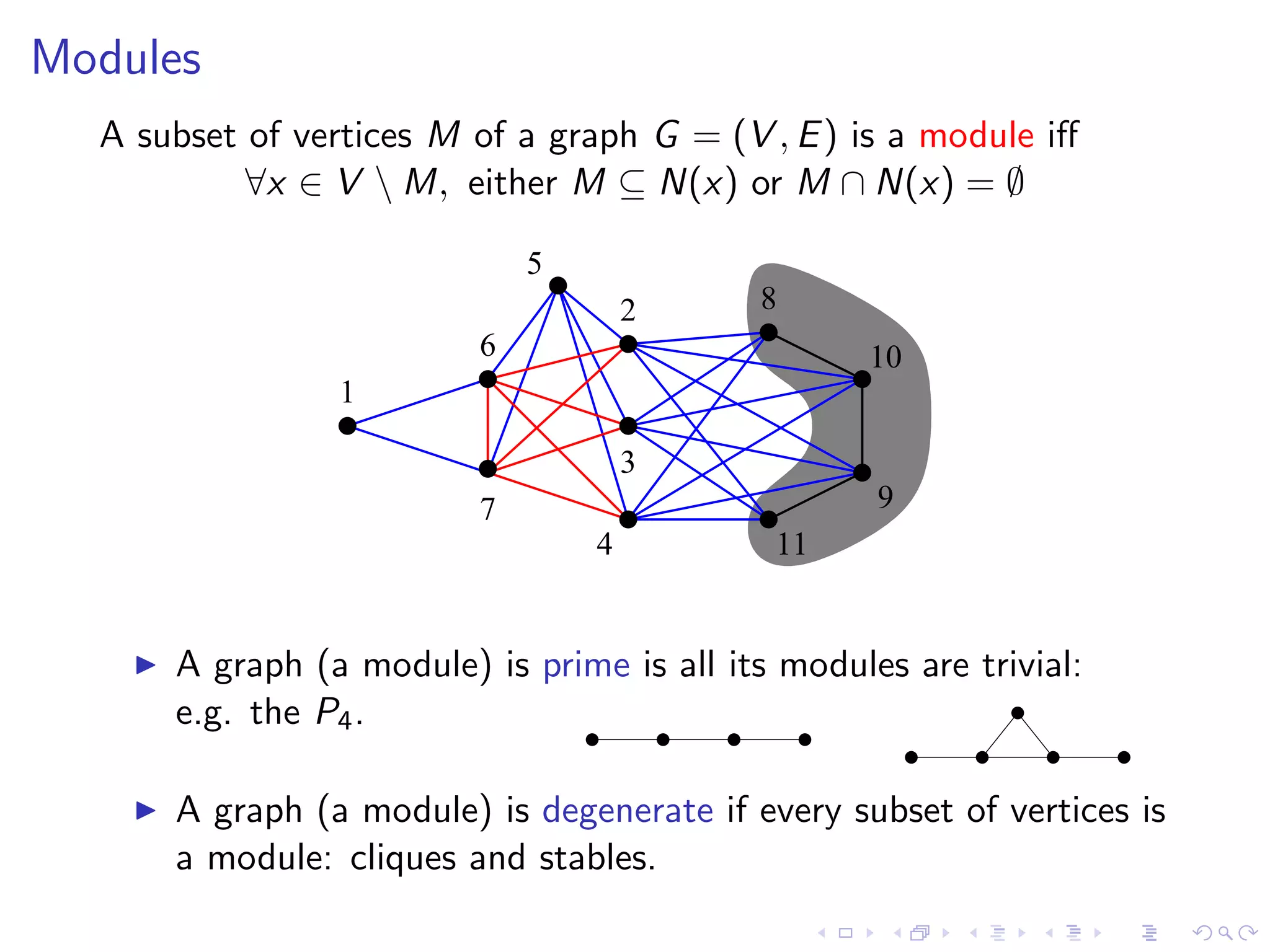 Modules
  A subset of vertices M of a graph G = (V , E ) is a module iﬀ
           ∀x ∈ V  M, either M ⊆ N(x) or M ∩ N(x) = ∅

                             5
                                     2      8
                         6                         10
                1

                                     3
                         7                         9
                                 4          11


      A graph (a module) is prime is all its modules are trivial:
      e.g. the P4 .

      A graph (a module) is degenerate if every subset of vertices is
      a module: cliques and stables.
 