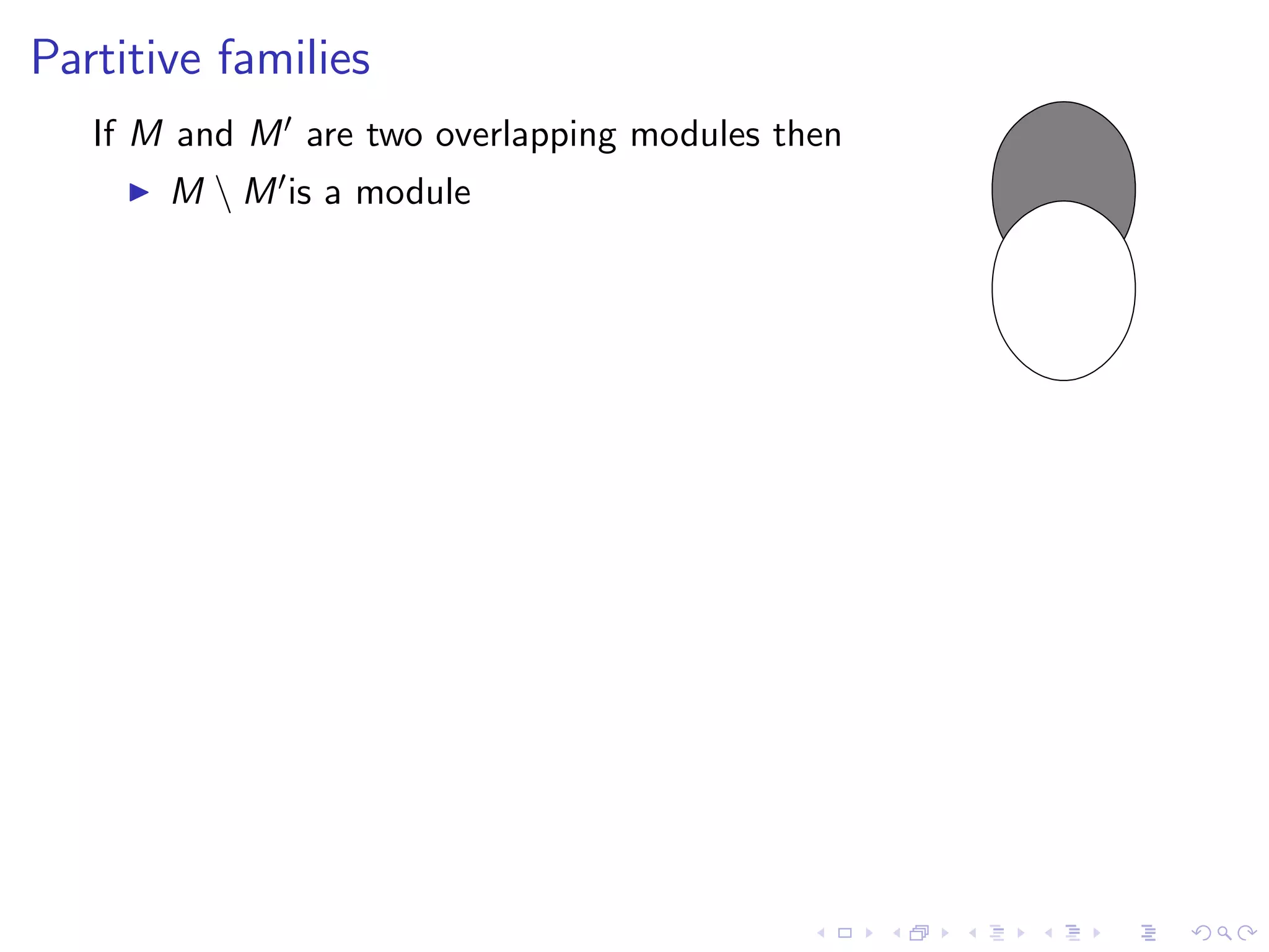 Partitive families
   If M and M are two overlapping modules then
       M  M is a module
 