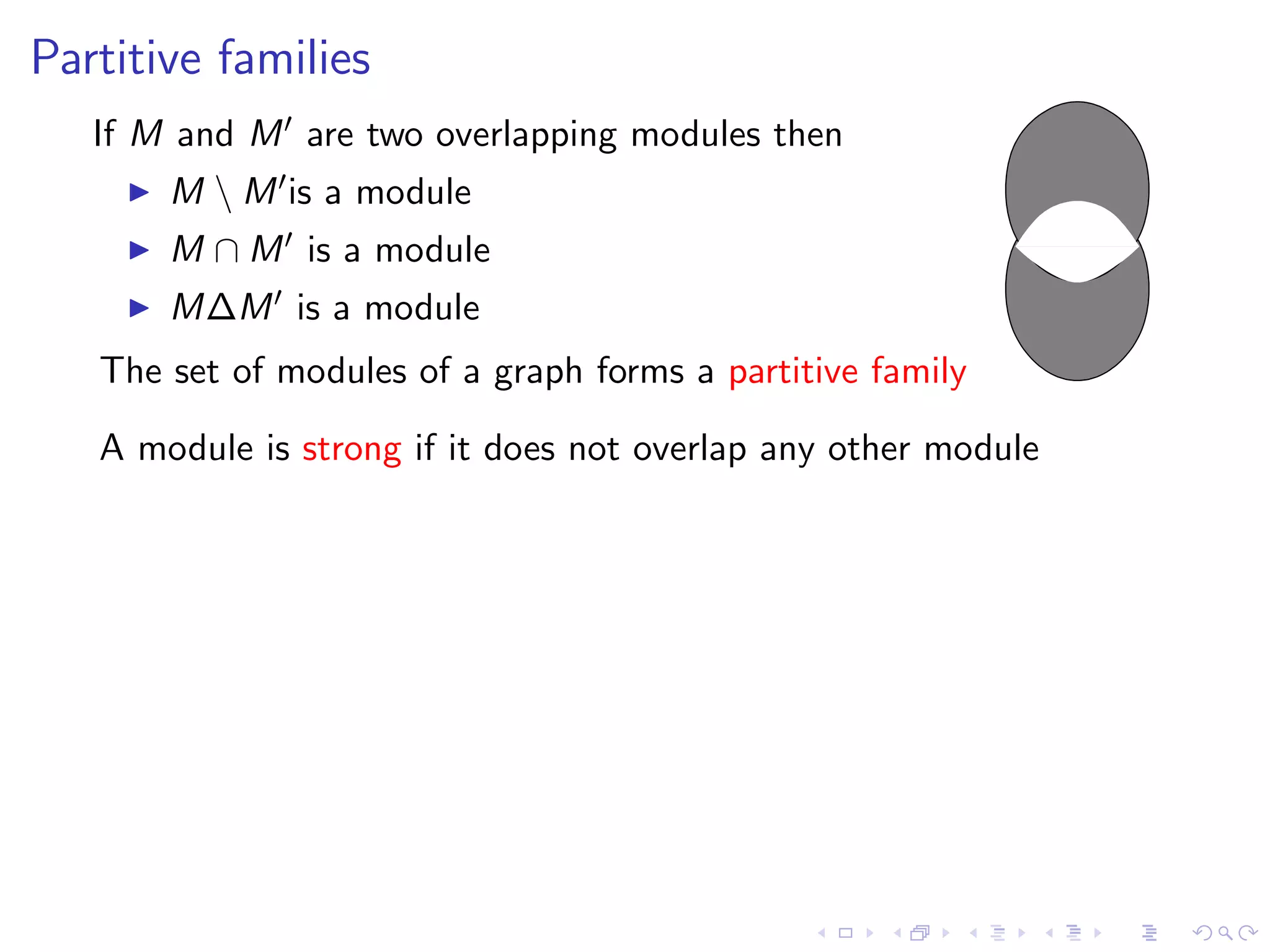Partitive families
   If M and M are two overlapping modules then
       M  M is a module
       M ∩ M is a module
       M∆M is a module
   The set of modules of a graph forms a partitive family

   A module is strong if it does not overlap any other module
 