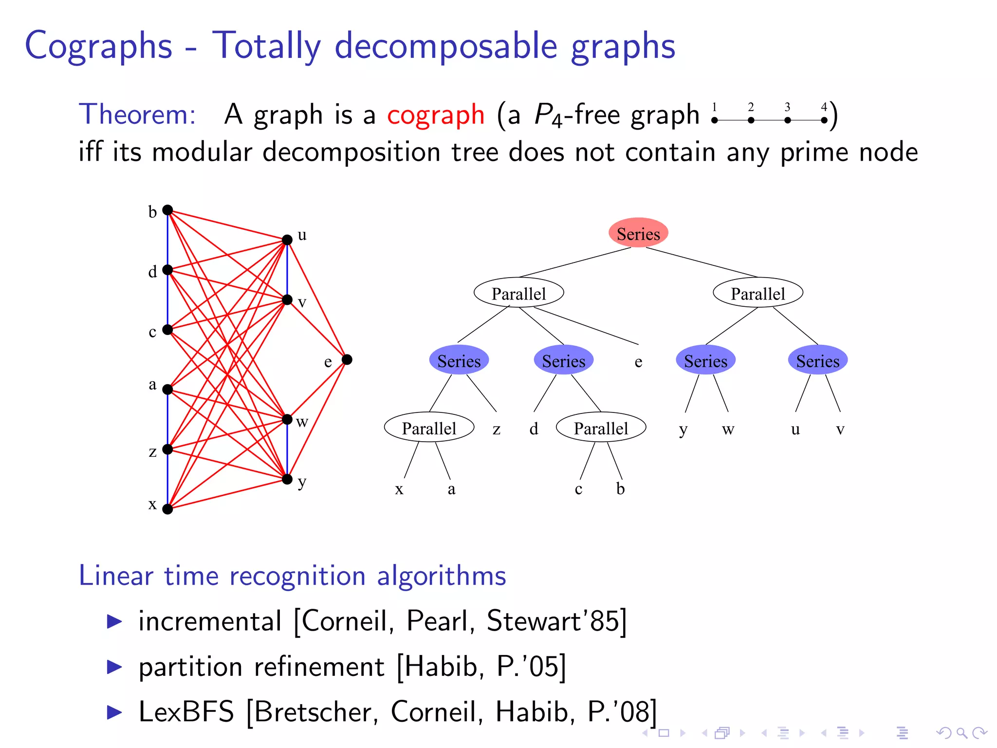 Cographs - Totally decomposable graphs
   Theorem: A graph is a cograph (a P4 -free graph 1 2 3 4)
   iﬀ its modular decomposition tree does not contain any prime node
        b
                    u                                        Series

        d
                    v                     Parallel                             Parallel

        c
                        e        Series            Series         e   Series              Series
        a

                    w       Parallel      z    d       Parallel       y    w              u    v
        z
                    y       x     a                    c     b
        x



   Linear time recognition algorithms
       incremental [Corneil, Pearl, Stewart’85]
       partition reﬁnement [Habib, P.’05]
       LexBFS [Bretscher, Corneil, Habib, P.’08]
 