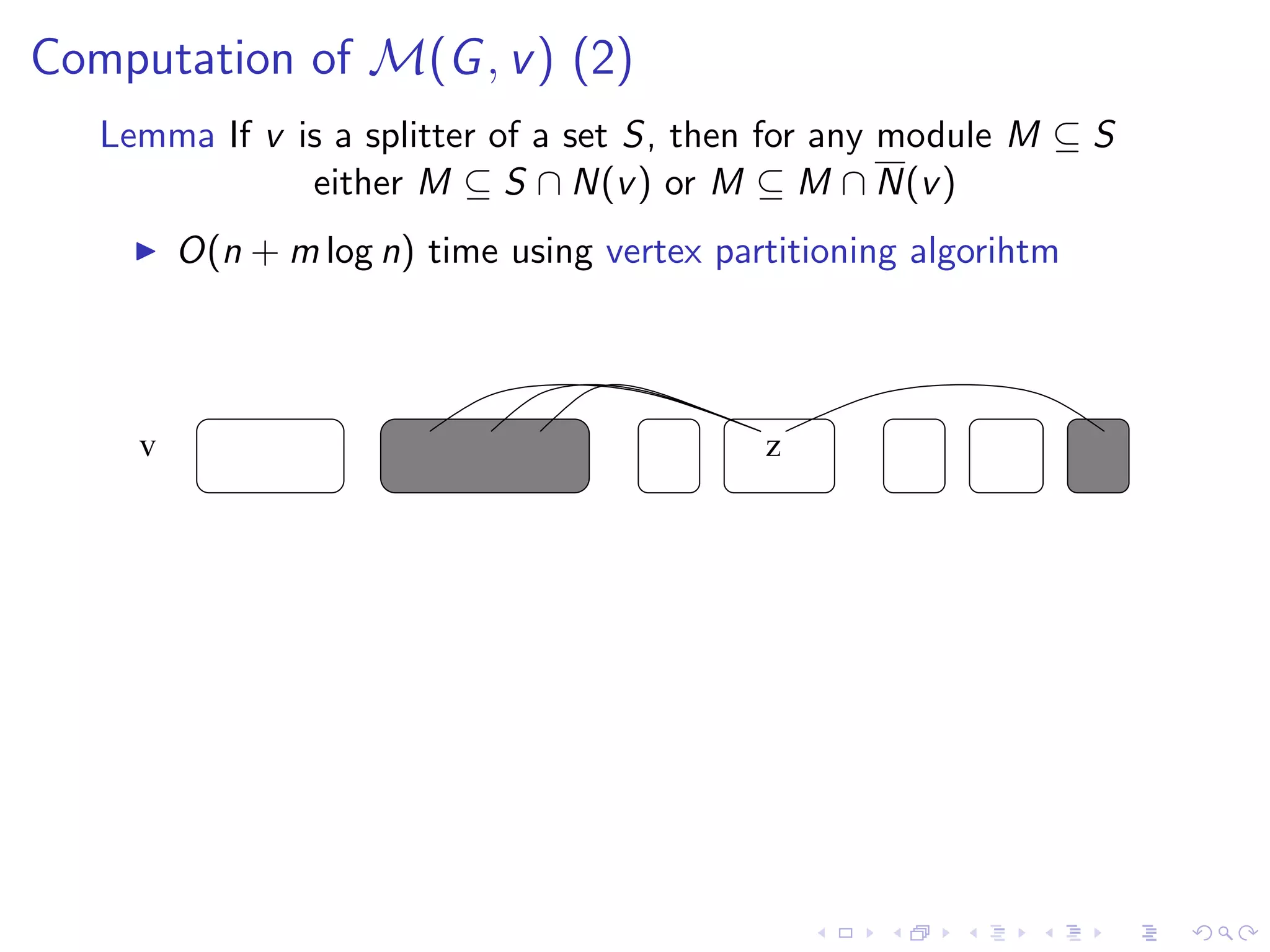 Computation of M(G , v ) (2)
   Lemma If v is a splitter of a set S, then for any module M ⊆ S
               either M ⊆ S ∩ N(v ) or M ⊆ M ∩ N(v )
         O(n + m log n) time using vertex partitioning algorihtm




     v                                       z
 