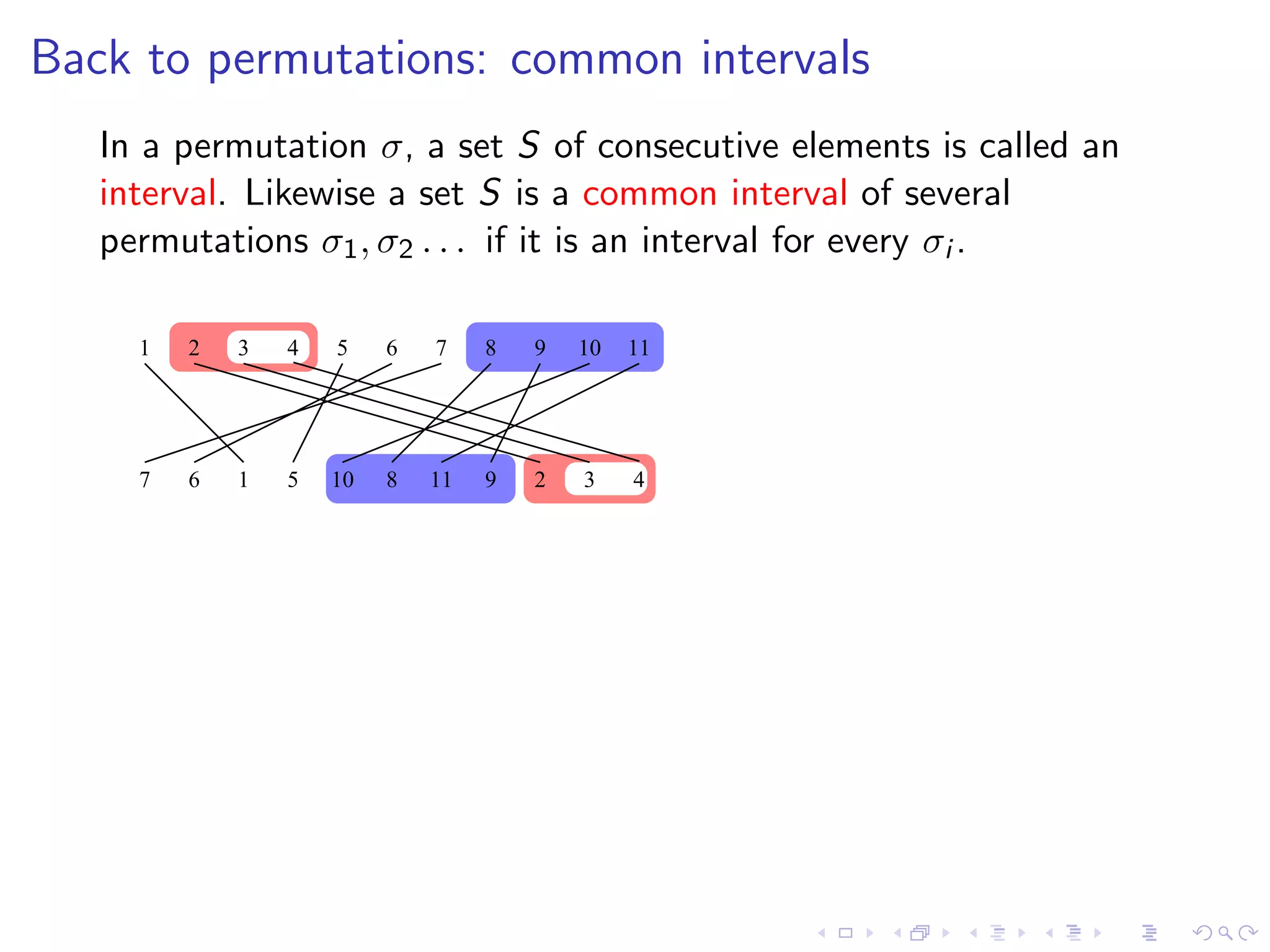 Back to permutations: common intervals
   In a permutation σ, a set S of consecutive elements is called an
   interval. Likewise a set S is a common interval of several
   permutations σ1 , σ2 . . . if it is an interval for every σi .

     1   2   3   4   5    6   7    8   9   10   11




     7   6   1   5   10   8   11   9   2   3    4
 