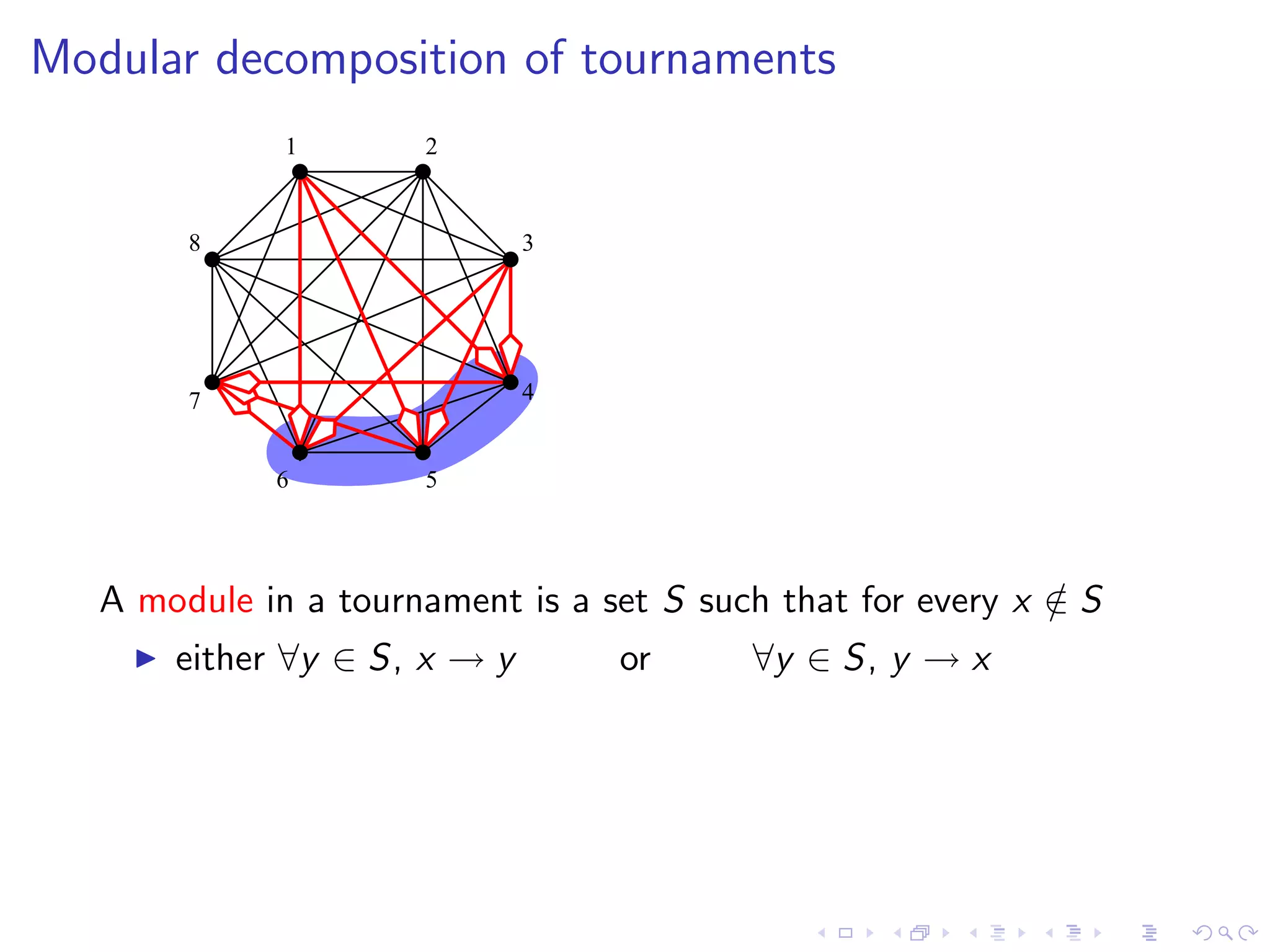 Modular decomposition of tournaments
              1       2


        8                     3




        7                     4


             6        5




   A module in a tournament is a set S such that for every x ∈ S
                                                             /
       either ∀y ∈ S, x → y       or      ∀y ∈ S, y → x
 