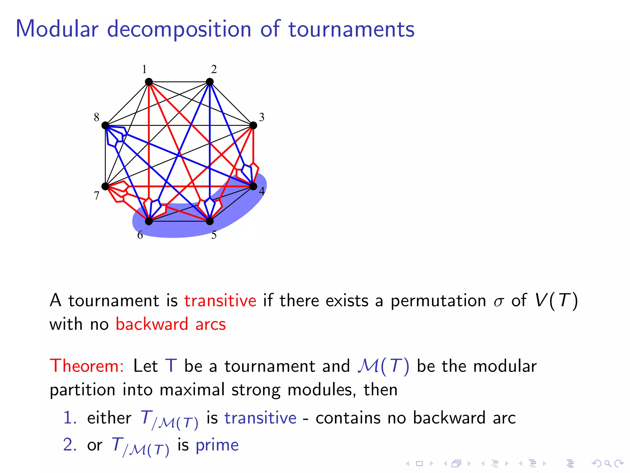 Modular decomposition of tournaments
              1        2


        8                    3




        7                    4


              6        5




   A tournament is transitive if there exists a permutation σ of V (T )
   with no backward arcs

   Theorem: Let T be a tournament and M(T ) be the modular
   partition into maximal strong modules, then
    1. either T/M(T ) is transitive - contains no backward arc
    2. or T/M(T ) is prime
 