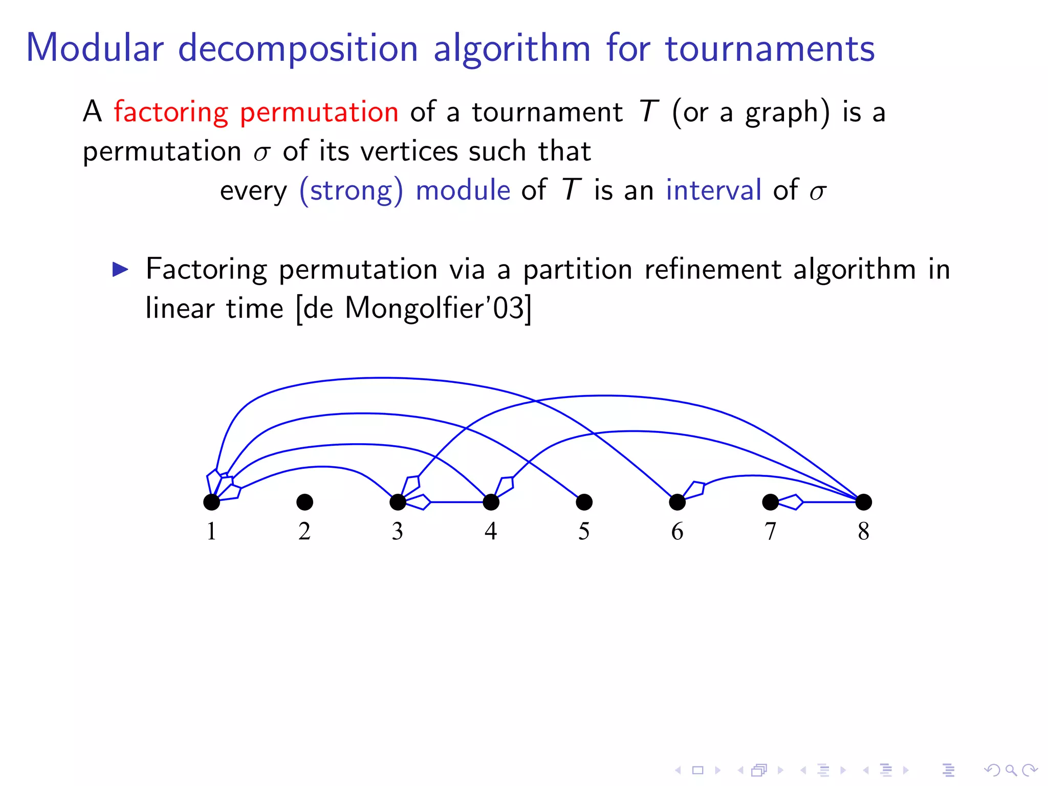 Modular decomposition algorithm for tournaments
   A factoring permutation of a tournament T (or a graph) is a
   permutation σ of its vertices such that
             every (strong) module of T is an interval of σ

       Factoring permutation via a partition reﬁnement algorithm in
       linear time [de Mongolﬁer’03]




            1     2      3      4      5      6      7     8
 