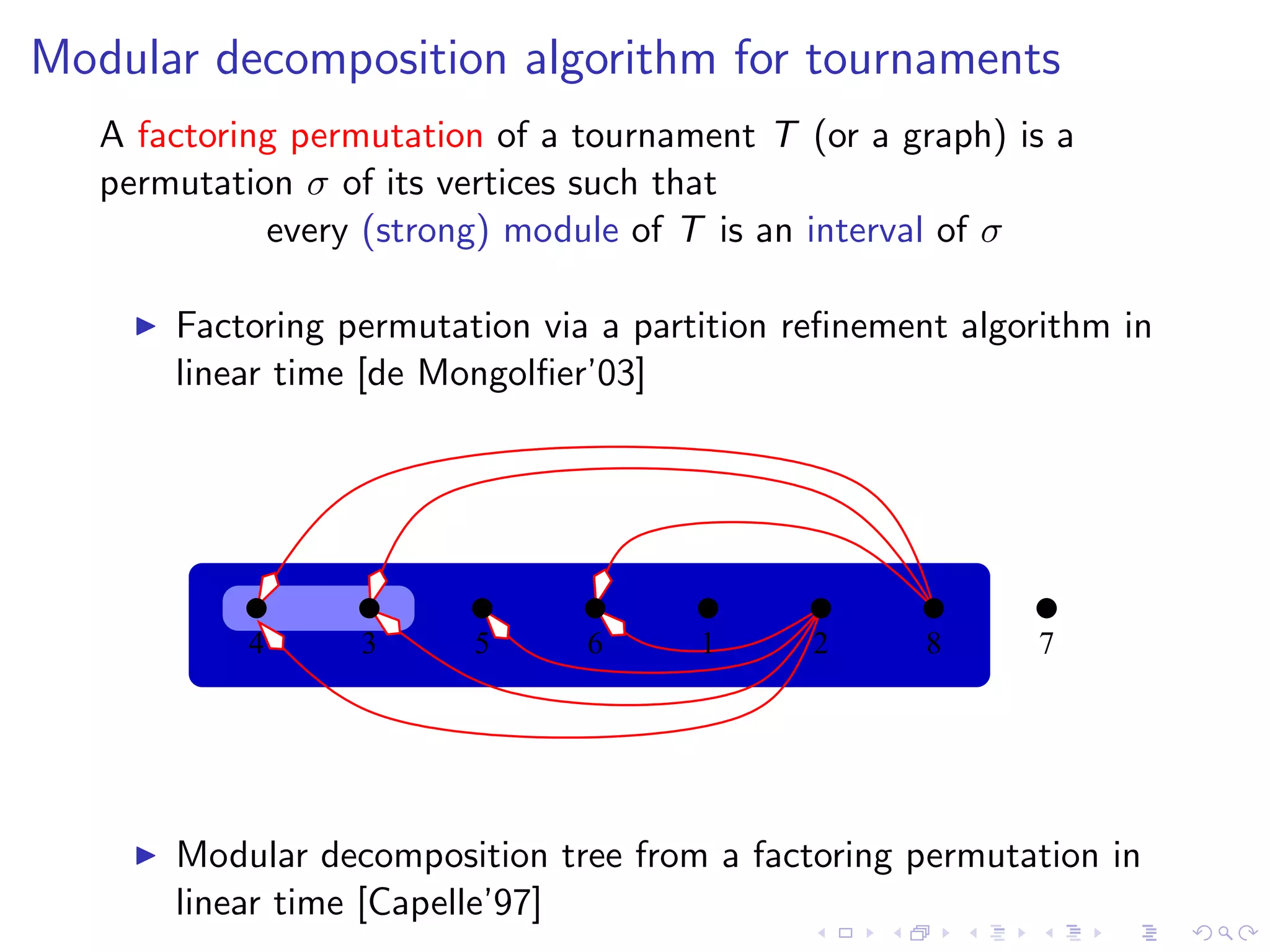 Modular decomposition algorithm for tournaments
   A factoring permutation of a tournament T (or a graph) is a
   permutation σ of its vertices such that
             every (strong) module of T is an interval of σ

       Factoring permutation via a partition reﬁnement algorithm in
       linear time [de Mongolﬁer’03]




            4     3      5      6      1      2      8     7




       Modular decomposition tree from a factoring permutation in
       linear time [Capelle’97]
 