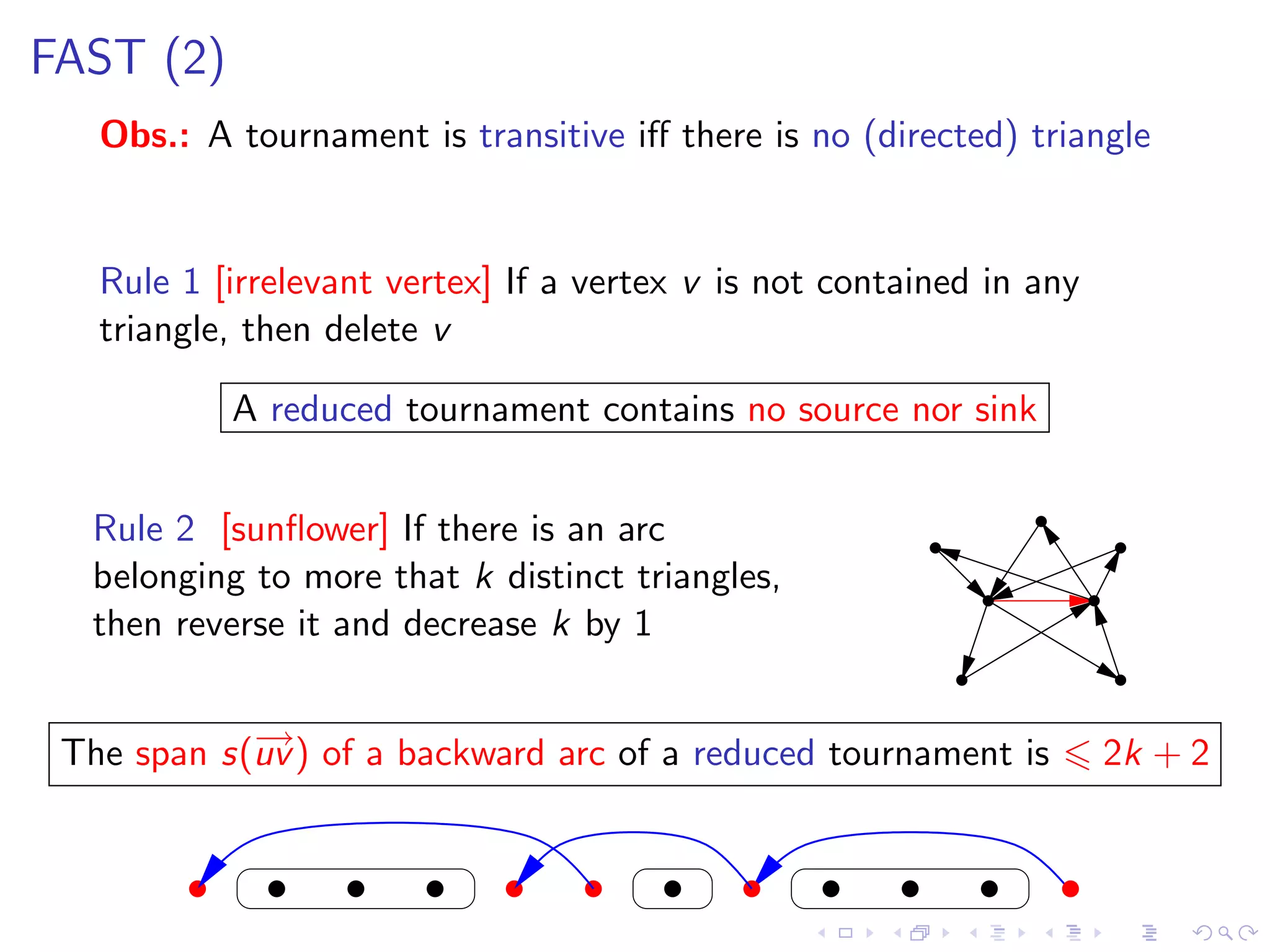 FAST (2)
   Obs.: A tournament is transitive iﬀ there is no (directed) triangle


   Rule 1 [irrelevant vertex] If a vertex v is not contained in any
   triangle, then delete v

           A reduced tournament contains no source nor sink


  Rule 2 [sunﬂower] If there is an arc
  belonging to more that k distinct triangles,
  then reverse it and decrease k by 1


 The span s(− ) of a backward arc of a reduced tournament is
            →
            uv                                                        2k + 2
 