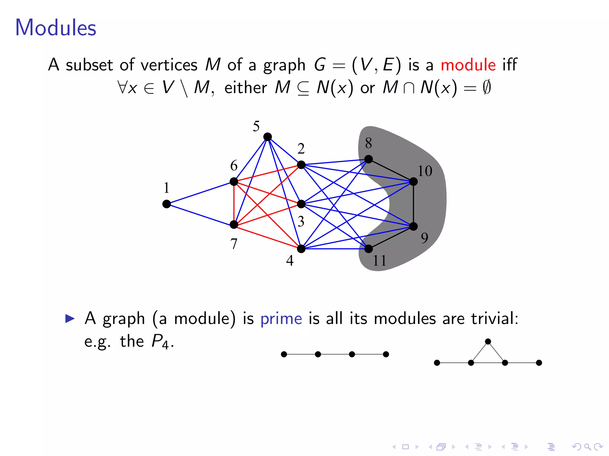 Modules
  A subset of vertices M of a graph G = (V , E ) is a module iﬀ
           ∀x ∈ V  M, either M ⊆ N(x) or M ∩ N(x) = ∅

                             5
                                     2      8
                         6                         10
                1

                                     3
                         7                         9
                                 4          11


      A graph (a module) is prime is all its modules are trivial:
      e.g. the P4 .
 