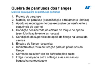 104
Quebra de parafusos dos flanges
Motivos para quebra de parafusos do flange
D
C
1. Projeto do parafuso
2. Material do parafuso (especificação e tratamento térmico)
3. Aperto na montagem (torque excessivo ou insuficiente e
sequência de aperto)
4. Condição considerada no cálculo do torque de aperto
(sem lubrificação entre as roscas)
5. Condições da superfície de apoio do flange na lateral da
camisa
6. Encaixe do flange na camisa
7. Diâmetro do círculo de furação para os parafusos do
flange
8. Corrosão da superfície do parafuso pelo caldo
9. Folga inadequada entre o flange e as camisas ou
bagaceira na montagem
 