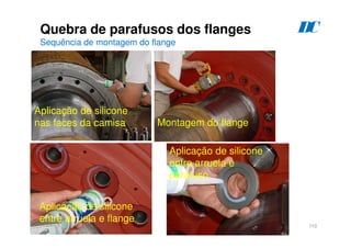 110
Quebra de parafusos dos flanges
Sequência de montagem do flange
D
C
Aplicação de silicone
nas faces da camisa Montagem do flange
Aplicação de silicone
entre arruela e flange
Aplicação de silicone
entre arruela e
parafuso
 