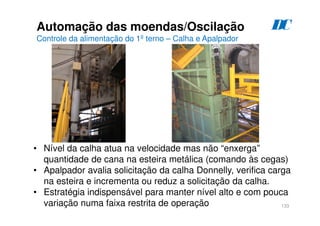 133
Automação das moendas/Oscilação
Controle da alimentação do 1º terno – Calha e Apalpador
D
C
• Nível da calha atua na velocidade mas não “enxerga”
quantidade de cana na esteira metálica (comando às cegas)
• Apalpador avalia solicitação da calha Donnelly, verifica carga
na esteira e incrementa ou reduz a solicitação da calha.
• Estratégia indispensável para manter nível alto e com pouca
variação numa faixa restrita de operação
 