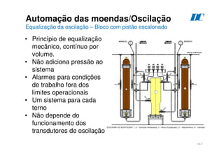 147
D
C
Automação das moendas/Oscilação
Equalização da oscilação – Bloco com pistão escalonado
• Princípio de equalização
mecânico, contínuo por
volume.
• Não adiciona pressão ao
sistema
• Alarmes para condições
de trabalho fora dos
limites operacionais
• Um sistema para cada
terno
• Não depende do
funcionamento dos
transdutores de oscilação
 