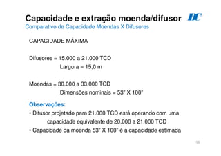 158
CAPACIDADE MÁXIMA
Difusores = 15.000 a 21.000 TCD
Largura = 15,0 m
Moendas = 30.000 a 33.000 TCD
Dimensões nominais = 53” X 100”
Observações:
• Difusor projetado para 21.000 TCD está operando com uma
capacidade equivalente de 20.000 a 21.000 TCD
• Capacidade da moenda 53” X 100” é a capacidade estimada
Capacidade e extração moenda/difusor
Comparativo de Capacidade Moendas X Difusores
D
C
 