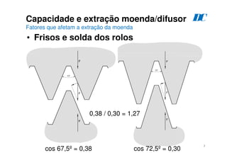 169
Capacidade e extração moenda/difusor
Fatores que afetam a extração da moenda
• Frisos e solda dos rolos
D
C
cos 67,5º = 0,38 cos 72,5º = 0,30
0,38 / 0,30 = 1,27
 