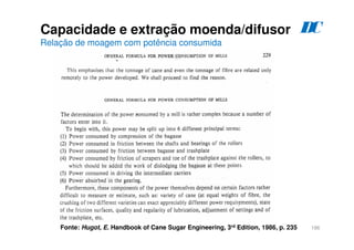186
Fonte: Hugot, E. Handbook of Cane Sugar Engineering, 3rd Edition, 1986, p. 235
Capacidade e extração moenda/difusor
Relação de moagem com potência consumida
D
C
 